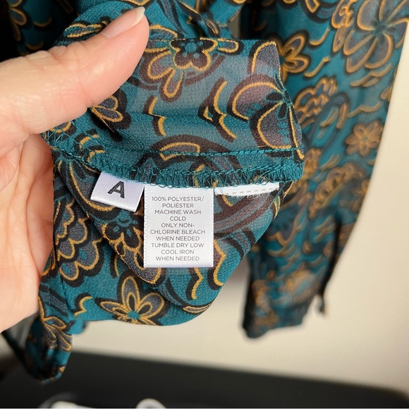 Loft Teal Green Floral Sheer Pintuck Popover Long Sleeve Blouse - Picture 6 of 7